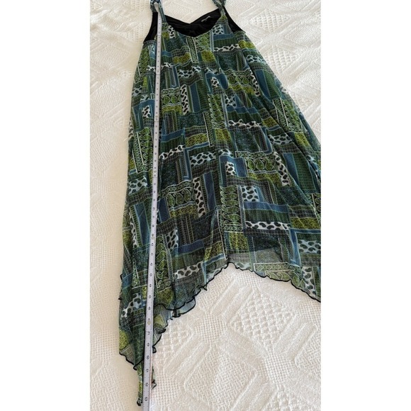 VTG Y2K Boho Dress XL Green Blue Patchwork Handkerchief Hem Flowy Light Fairy - Picture 12 of 13